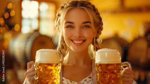  woman holding two beer mugs