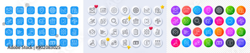 Timer, Checklist and Startup rocket line icons. Square, Gradient, Pin 3d buttons. AI, QA and map pin icons. Pack of Payment, Social media, Puzzle icon. Search, Idea, Outsource work pictogram. Vector