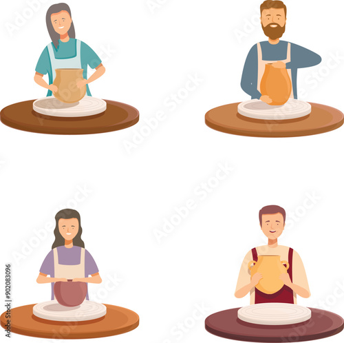 Set of vector illustrations featuring potters of various demographics crafting pottery