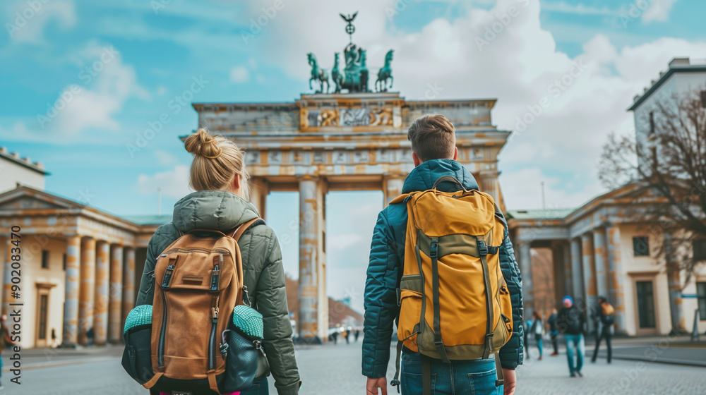 Two travelers with backpacks standing in front of the Brandenburg Gate in Berlin. Two travelers with backpacks standing in front of the Brandenburg Gate in Berlin.