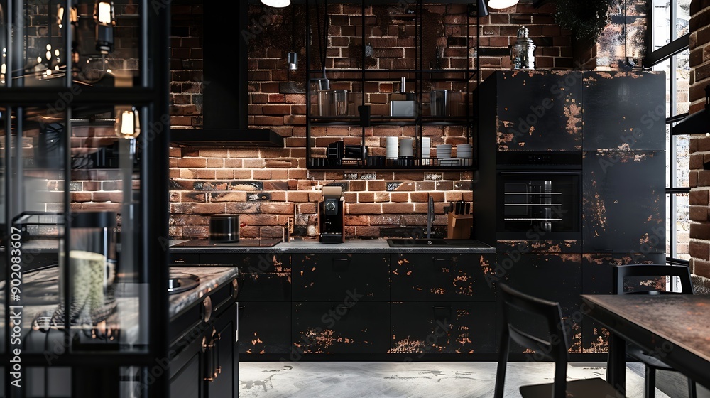 Explore the charm of industrial design with this black kitchen buffet interior Exposed brick metal fixtures and dark cabinetry blend to create a stylish n functional urban space : Generative AI Explore the charm of industrial design with this black kitchen buffet interior Exposed brick metal fixtures and dark cabinetry blend to create a stylish n functional urban space : Generative AI