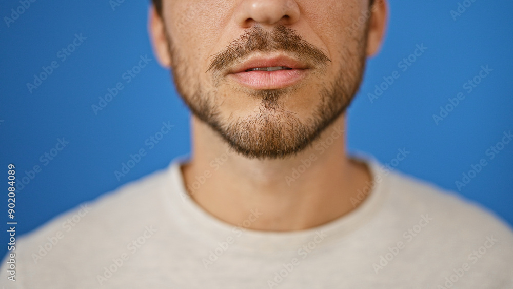 Fototapeta premium Close-up portrait of a handsome young hispanic man with a beard against a blue outdoor background