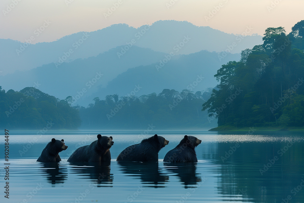 four bears bathe in a lake on a leaden mountain backdrop four bears bathe in a lake on a leaden mountain backdrop