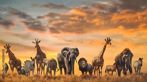 Group of safari African animals elephants rhino buffalo giraffe lion elephant leopard hyena zebra wildebeest and others stand together in savanna grassland with background of sunset sk : Generative AI