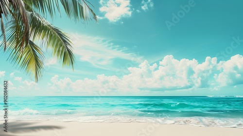 Beautiful tropical beach with white sand palm tree turquoise ocean on background blue sky with clouds on sunny summer day  summer background and  summer holiday concept : Generative AI © The Little Hut