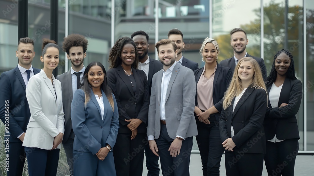 Cheerful smiling team of diverse business people in formal suit looking confident at camera with positive faces gathered outside the work building Happy corporate work team posing for : Generative AI Cheerful smiling team of diverse business people in formal suit looking confident at camera with positive faces gathered outside the work building Happy corporate work team posing for : Generative AI