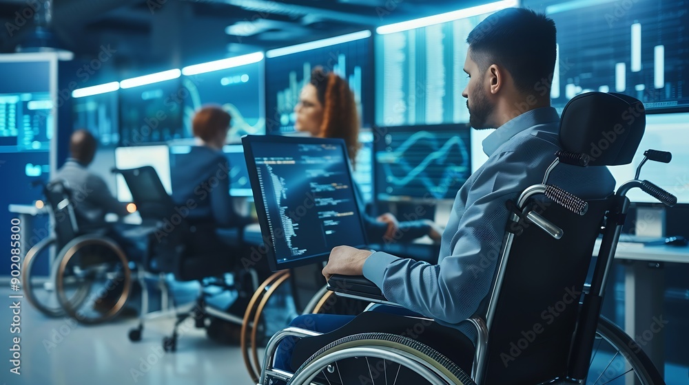 Person with disability next to multiracial coworkers in data center coding on computer Wheelchair user and multiethnic team working together doing programming overseeing server cluster : Generative AI Person with disability next to multiracial coworkers in data center coding on computer Wheelchair user and multiethnic team working together doing programming overseeing server cluster : Generative AI
