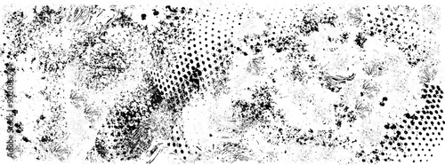 Abstract background made of halftones and inkblots. Grunge texture. Dust overlay distress grain. Monochrome distressed overlay background. 