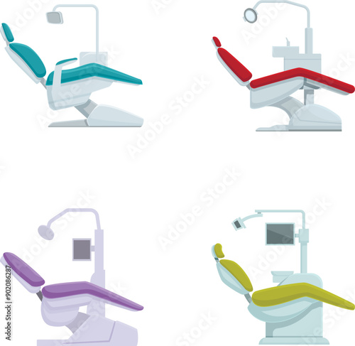 Four different styles of dental chairs in a clean, vector format, suitable for dental service designs