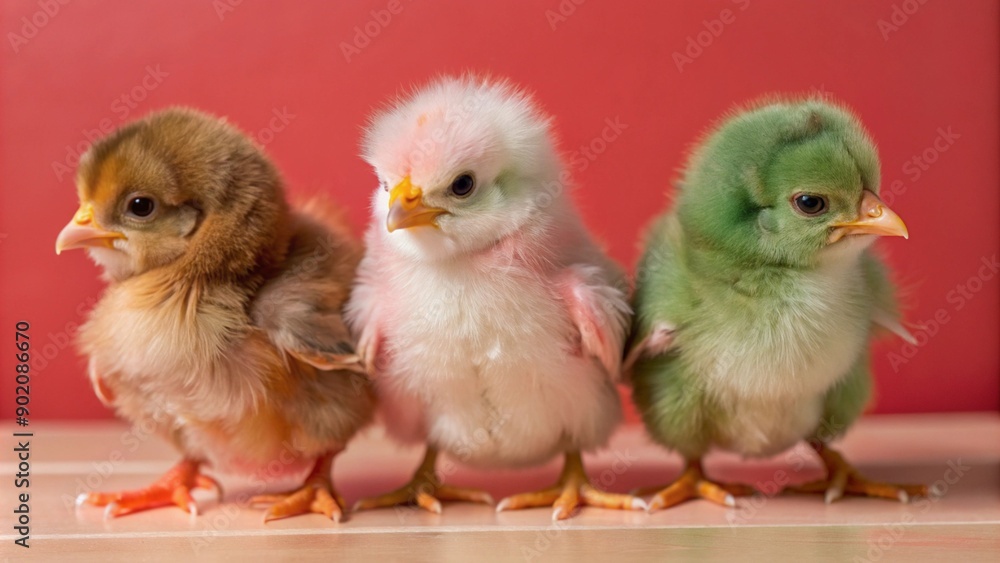Colorful baby chicks in a row on turquoise background, vibrant and adorable springtime scene Colorful baby chicks in a row on turquoise background, vibrant and adorable springtime scene