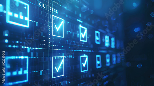 Compliance concept, law and standard compliance, rules and regulation policy on blue virtual screen, documents with checkbox lists