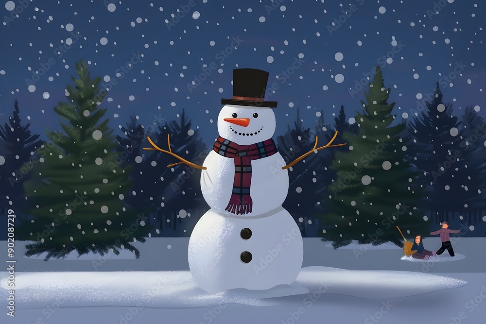 Obraz premium Illustration of a Classic Snowman in a Snowy Forest
