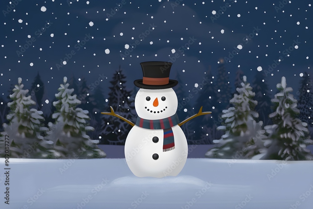 Obraz premium Illustration of a Classic Snowman in a Snowy Forest