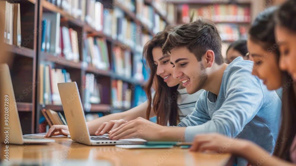 Students group and happy in library for education learning and reading test results or news on computer Young college people on laptop for solution research or studying with support he : Generative AI Students group and happy in library for education learning and reading test results or news on computer Young college people on laptop for solution research or studying with support he : Generative AI