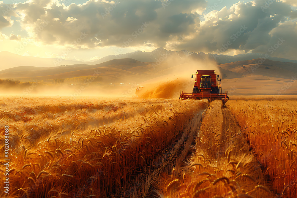 Fototapeta premium People and machinery harvest crops in the field, showcasing the synergy between human effort and modern technology in agriculture, leading to efficient and abundant harvests