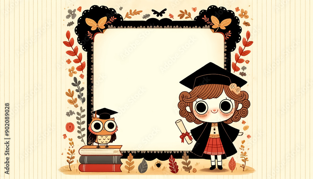 Fototapeta premium A young girl with graduate clothes, diploma, together with celebration balloons, graduation concept