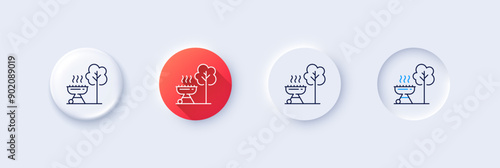 Grill line icon. Neumorphic, Red gradient, 3d pin buttons. Barbecue cooker for cooking food sign. Hot meat brazier symbol. Line icons. Neumorphic buttons with outline signs. Vector