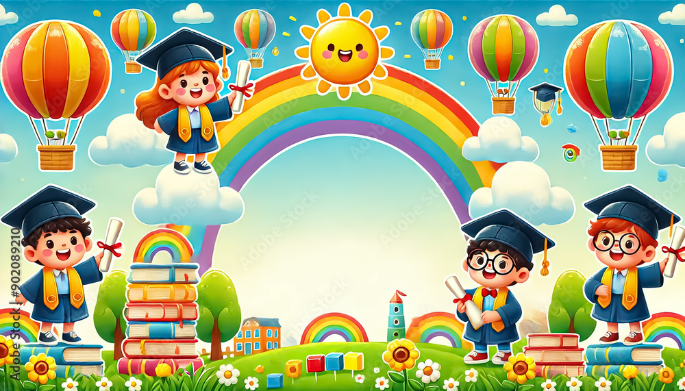 Naklejka premium Celebration concept with students celebrating graduation under rainbow, sun, clouds and balloons