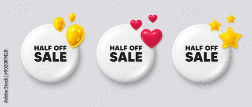 White buttons with 3d icons. Half off sale. Special offer price sign. Advertising discounts symbol. Half off sale button message. Banner badge with balloons, stars, heart. Social media icons. Vector