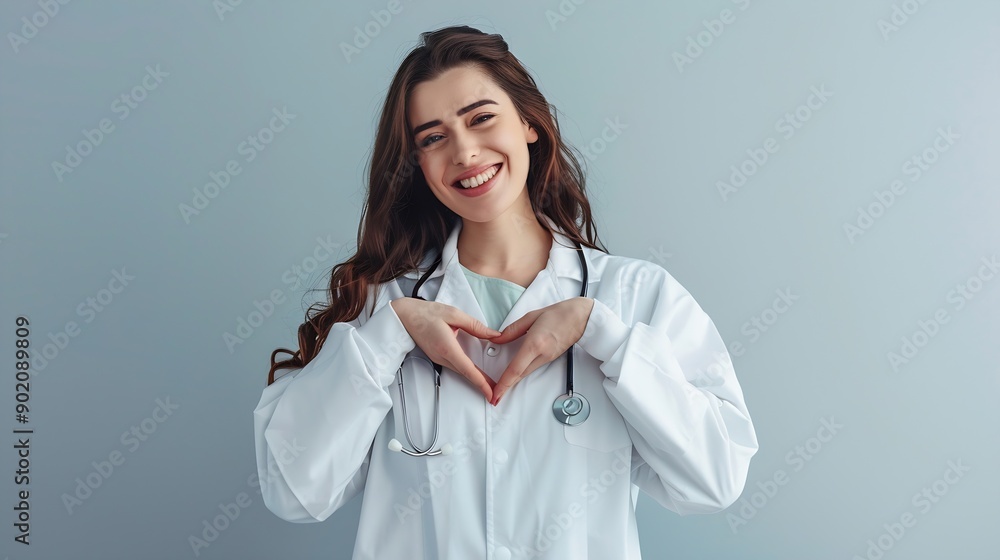 Engaged and joyful female healthcare worker in a white coat forms a heart with her stethoscope symbolizing care and compassion in medicine : Generative AI Engaged and joyful female healthcare worker in a white coat forms a heart with her stethoscope symbolizing care and compassion in medicine : Generative AI