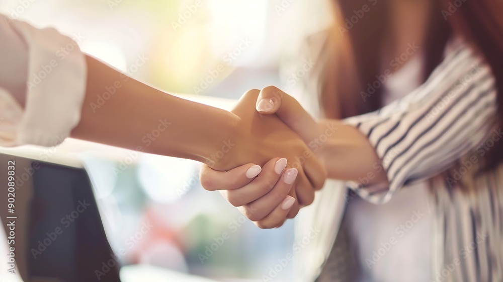 Business people meeting and handshake by women in office with laptop for startup profit or loan success Partnership congratulations and mentor shaking hands with intern for training mi : Generative AI Business people meeting and handshake by women in office with laptop for startup profit or loan success Partnership congratulations and mentor shaking hands with intern for training mi : Generative AI