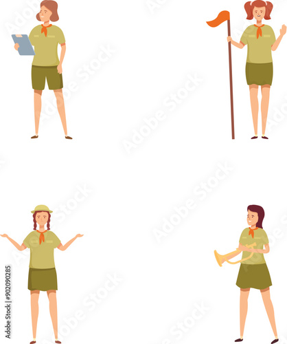 Vector set of a woman explorer in various poses with map, flag, and binoculars