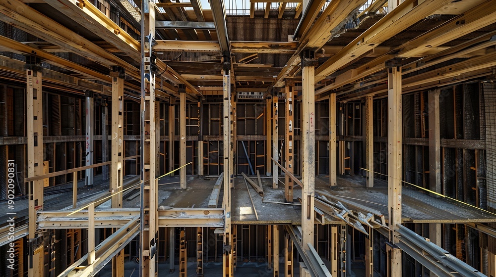 Formwork supports the second floor of a monolithic building Reinforcement of walls and ceiling Monolithic work during the construction of a building closeup construction technologies : Generative AI Formwork supports the second floor of a monolithic building Reinforcement of walls and ceiling Monolithic work during the construction of a building closeup construction technologies : Generative AI