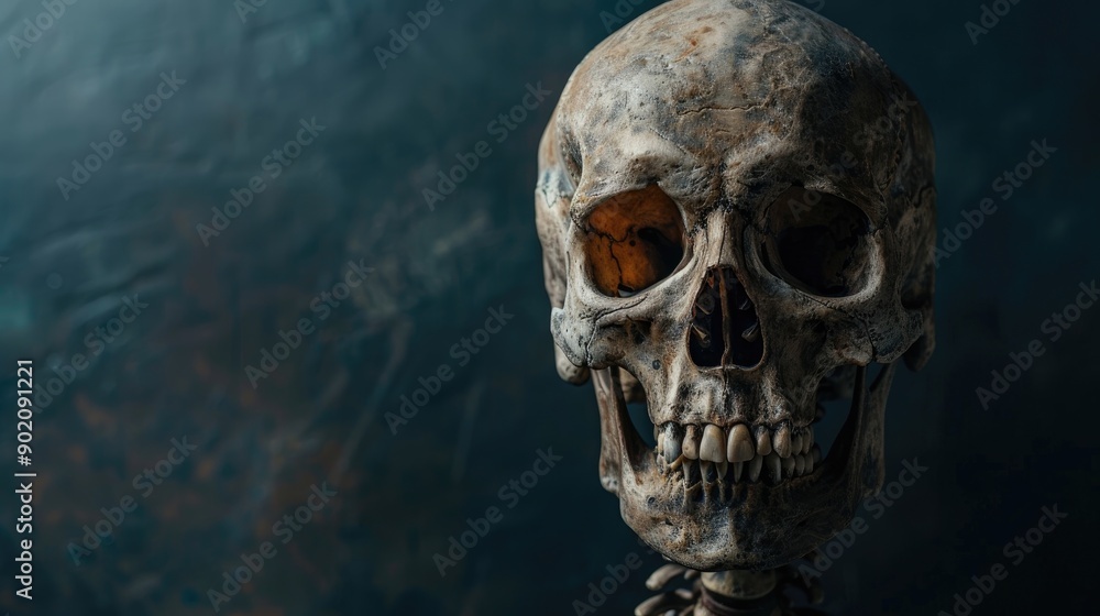 Skull of human skeleton among bones on black backdrop with space for text Skull of human skeleton among bones on black backdrop with space for text
