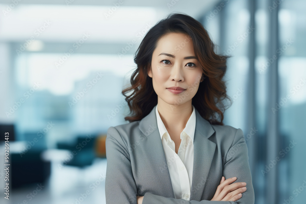 Portrait of beautiful middle-aged asian business woman looking at camera while standing in modern office Portrait of beautiful middle-aged asian business woman looking at camera while standing in modern office