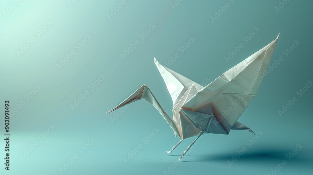 Intricate Origami Crane on Light Blue Background Intricate Origami Crane on Light Blue Background