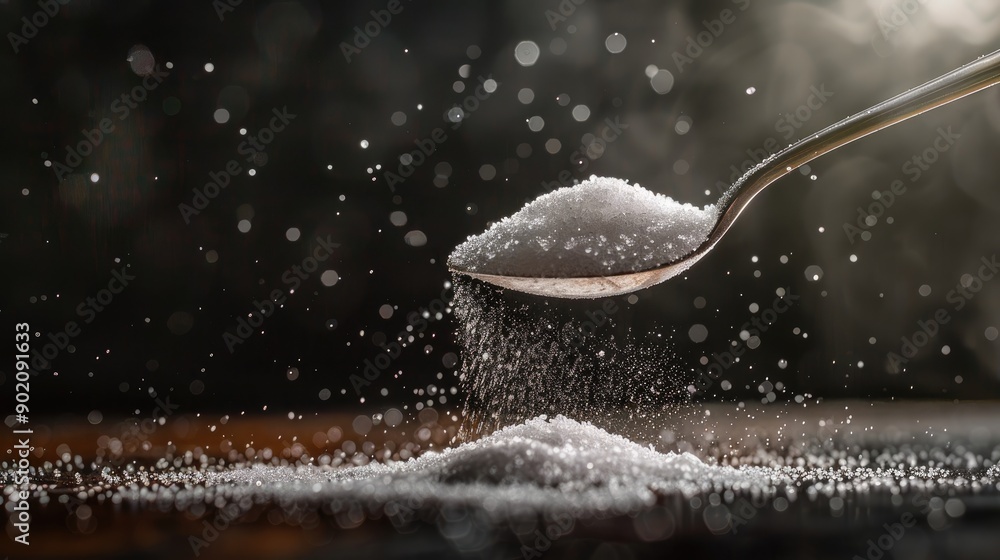 A spoon is scooping up a pile of salt. The salt is falling from the spoon and onto the table A spoon is scooping up a pile of salt. The salt is falling from the spoon and onto the table
