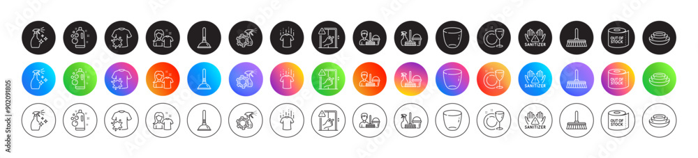 Cleaning mop, Toilet paper and Household service line icons. Round icon gradient buttons. Pack of Dish plate, Dirty t-shirt, Plunger icon. Dishes, Clean hands, Clean shirt pictogram. Vector Cleaning mop, Toilet paper and Household service line icons. Round icon gradient buttons. Pack of Dish plate, Dirty t-shirt, Plunger icon. Dishes, Clean hands, Clean shirt pictogram. Vector