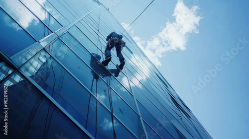 Professional Window Cleaner Scaling a Modern Glass Skyscraper on a Bright Sunny Day