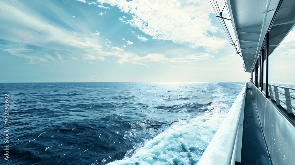 Obraz premium Wheelhouse or Bridge of a ship viewed from the side Quiet calm blue sea surface with bow wave Starboard right side Wide image : Generative AI