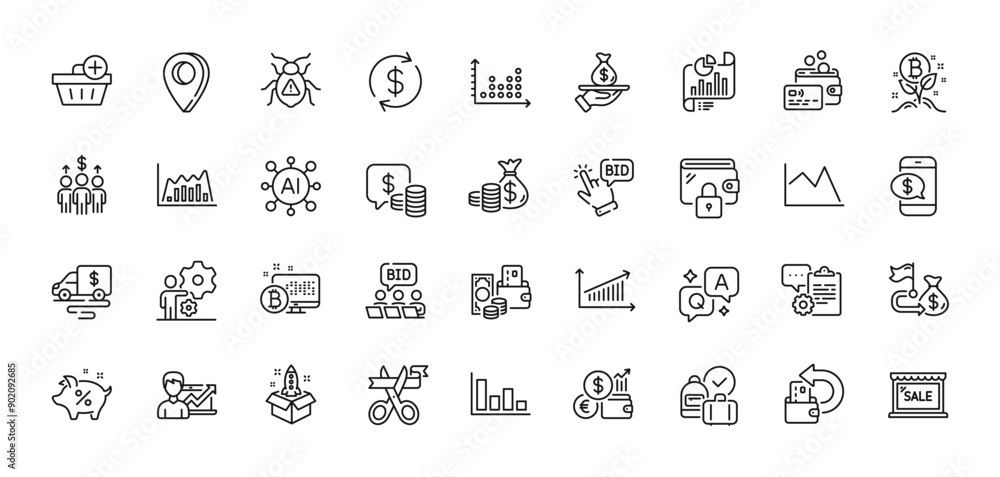 Software bug, Wallet and Cash transit line icons pack. AI, Question and Answer, Map pin icons. Report document, Sale, Add purchase web icon. Infographic graph, Card, Startup pictogram. Vector Software bug, Wallet and Cash transit line icons pack. AI, Question and Answer, Map pin icons. Report document, Sale, Add purchase web icon. Infographic graph, Card, Startup pictogram. Vector
