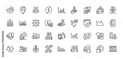 Software bug, Wallet and Cash transit line icons pack. AI, Question and Answer, Map pin icons. Report document, Sale, Add purchase web icon. Infographic graph, Card, Startup pictogram. Vector