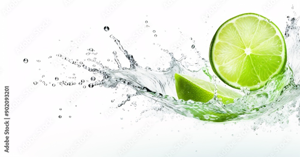 lime water, citrus white background, Water Splash, Mint Leaves, Slices lime water, citrus white background, Water Splash, Mint Leaves, Slices