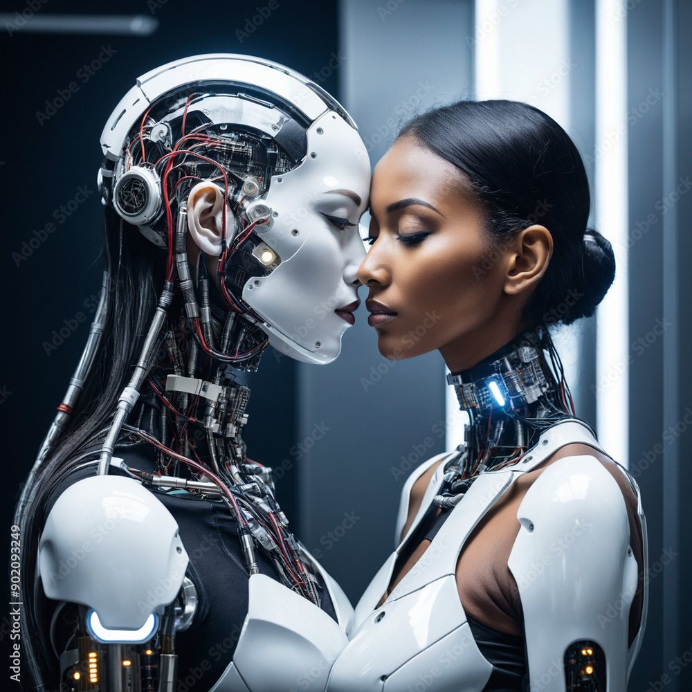 Futuristic and captures a moment of tenderness and connection between a cyborg and a human woman´s Futuristic and captures a moment of tenderness and connection between a cyborg and a human woman´s