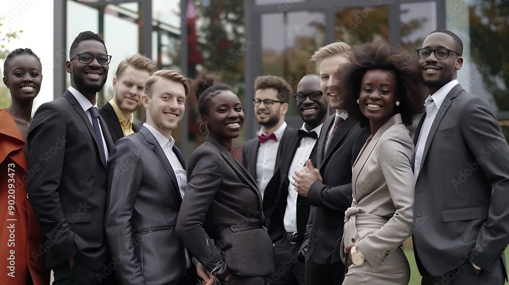 Cheerful smiling team of diverse business people in formal suit looking confident at camera with positive faces gathered outside the work building Happy corporate work team posing for : Generative AI Cheerful smiling team of diverse business people in formal suit looking confident at camera with positive faces gathered outside the work building Happy corporate work team posing for : Generative AI