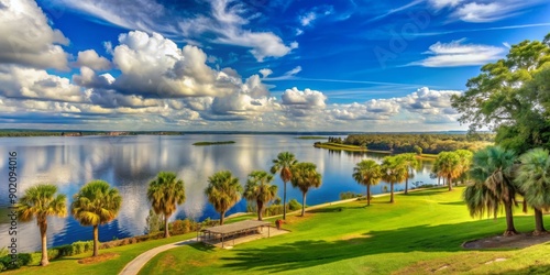 Scenic view of Mount Dora and Mount Dora Lake from Elizabeth Evans Park on a partly cloudy afternoon, mount dora photo