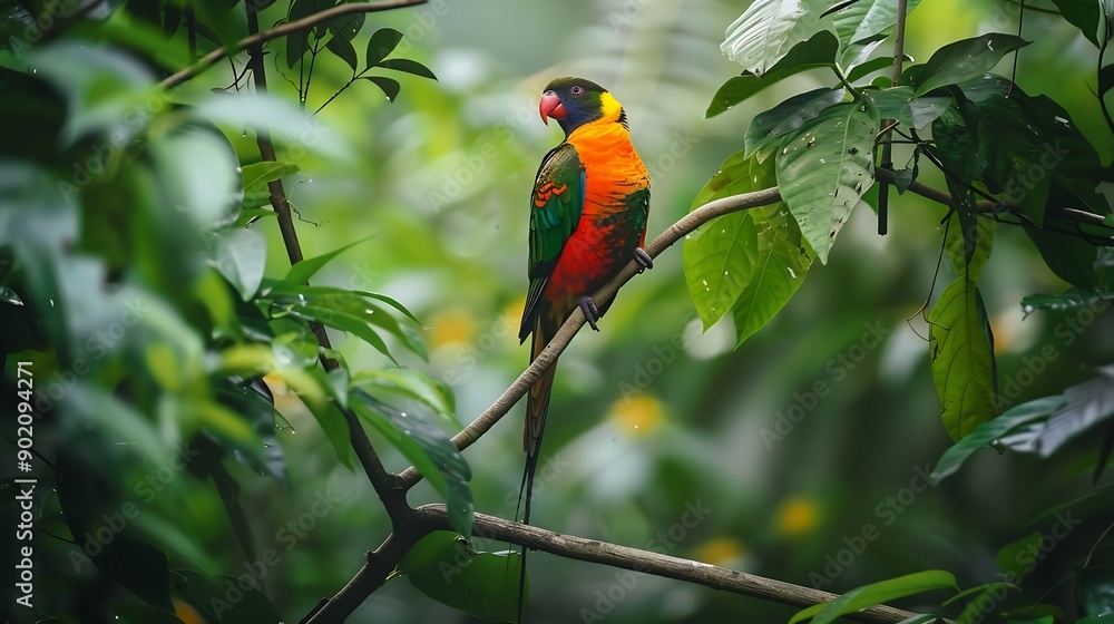 Obraz premium colored beautiful bird sitting on the tree in the jungle colored wild bird colored wild bird sitting on the branch of tree in jungle : Generative AI