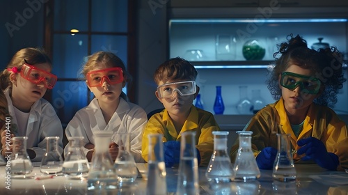 Elementary School Students Sitting Behind a Table in a Group Conducting a Biology Experiment for a Science and Technology Fair Young Boys and Girls Wearing Protective Clothes and Goggl : Generative AI photo