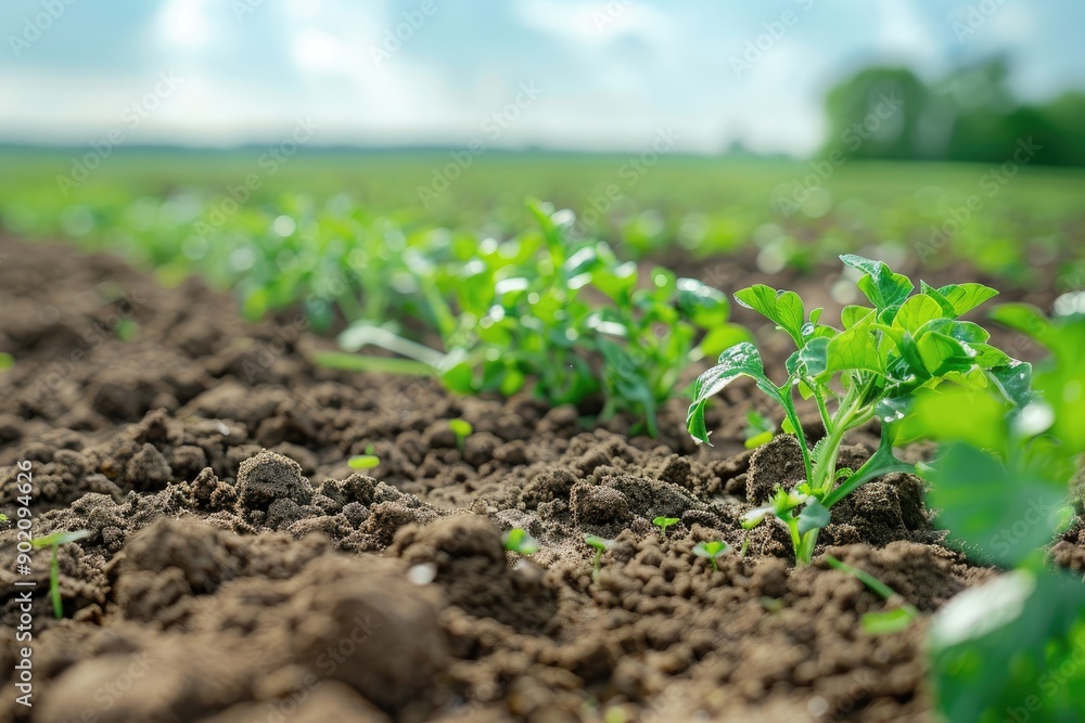 A field of green plants with a blue sky in the background. The plants are small and growing in the dirt A field of green plants with a blue sky in the background. The plants are small and growing in the dirt