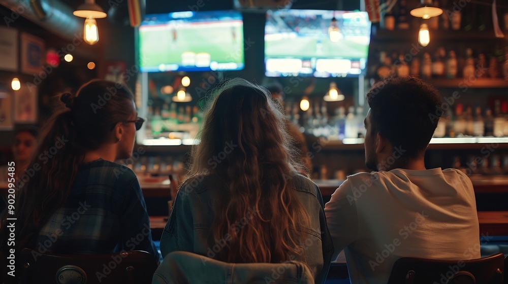 Young People Watching Football on TV in the Bar Friends watches football on TV in a sport bar Rear View of Friends Watching Game in Sports Bar on Screens EnrouteFrance : Generative AI Young People Watching Football on TV in the Bar Friends watches football on TV in a sport bar Rear View of Friends Watching Game in Sports Bar on Screens EnrouteFrance : Generative AI