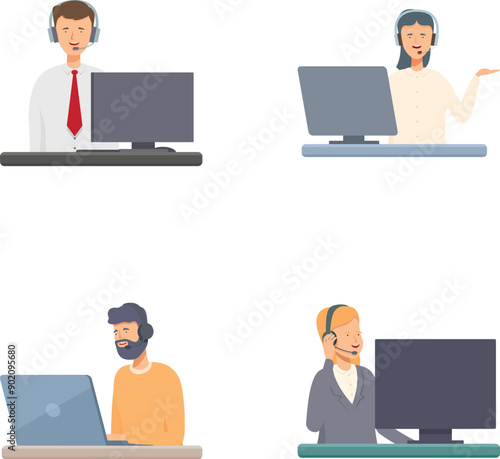 Four illustrations showcasing customer support agents with headsets in various poses and ethnicities