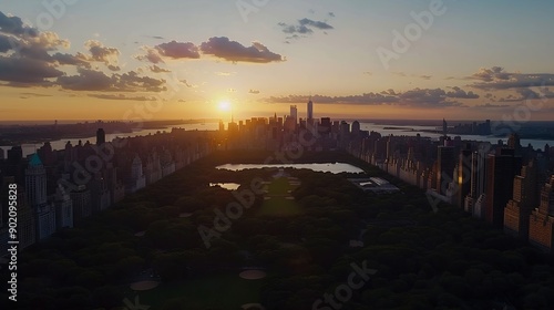 Aerial view of Central Park in Manhattan New York with beautiful sunset over the metropolitan skyline New York United States   Generative AI