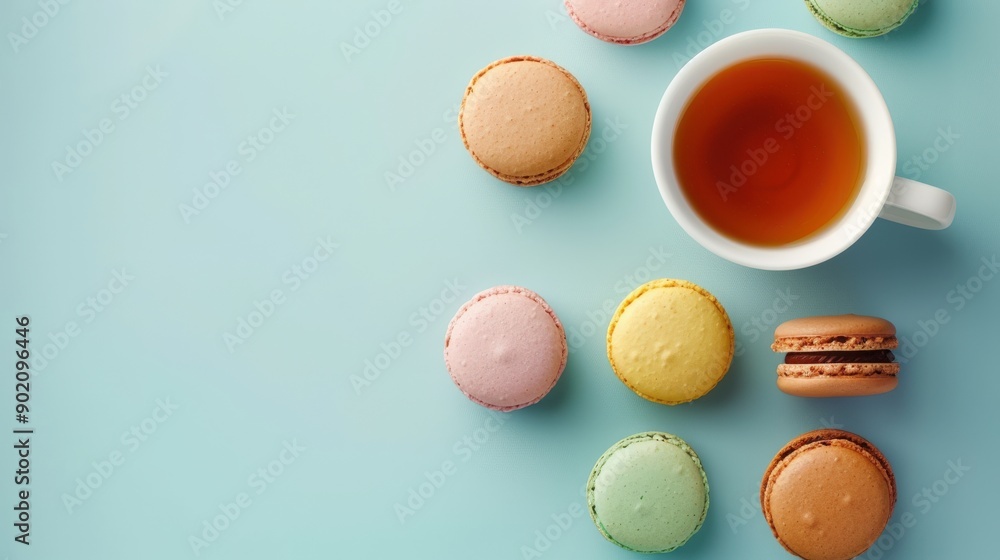 Obraz premium Elegant Macaron Selection and Tea Flat Lay