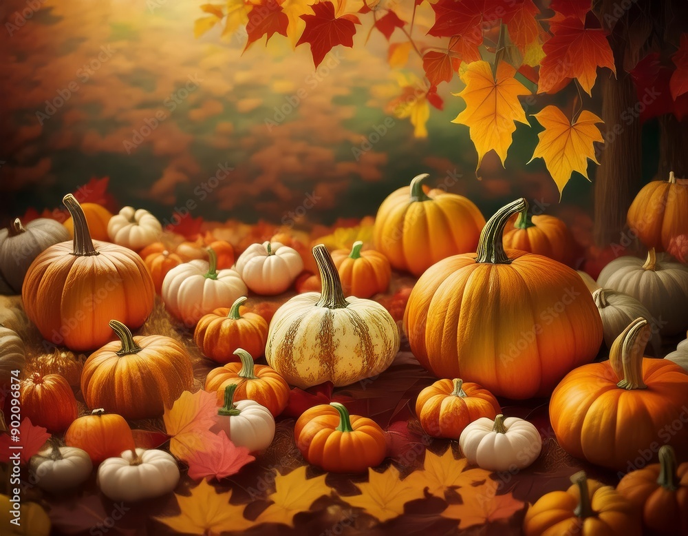 A collection of colorful pumpkins and leaves on the ground A collection of colorful pumpkins and leaves on the ground