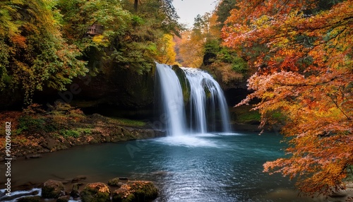 A cascading waterfall surrounded by vibrant autumn foliage