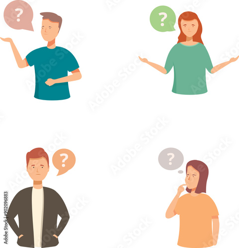 Four illustrated characters showing puzzled expressions with question marks